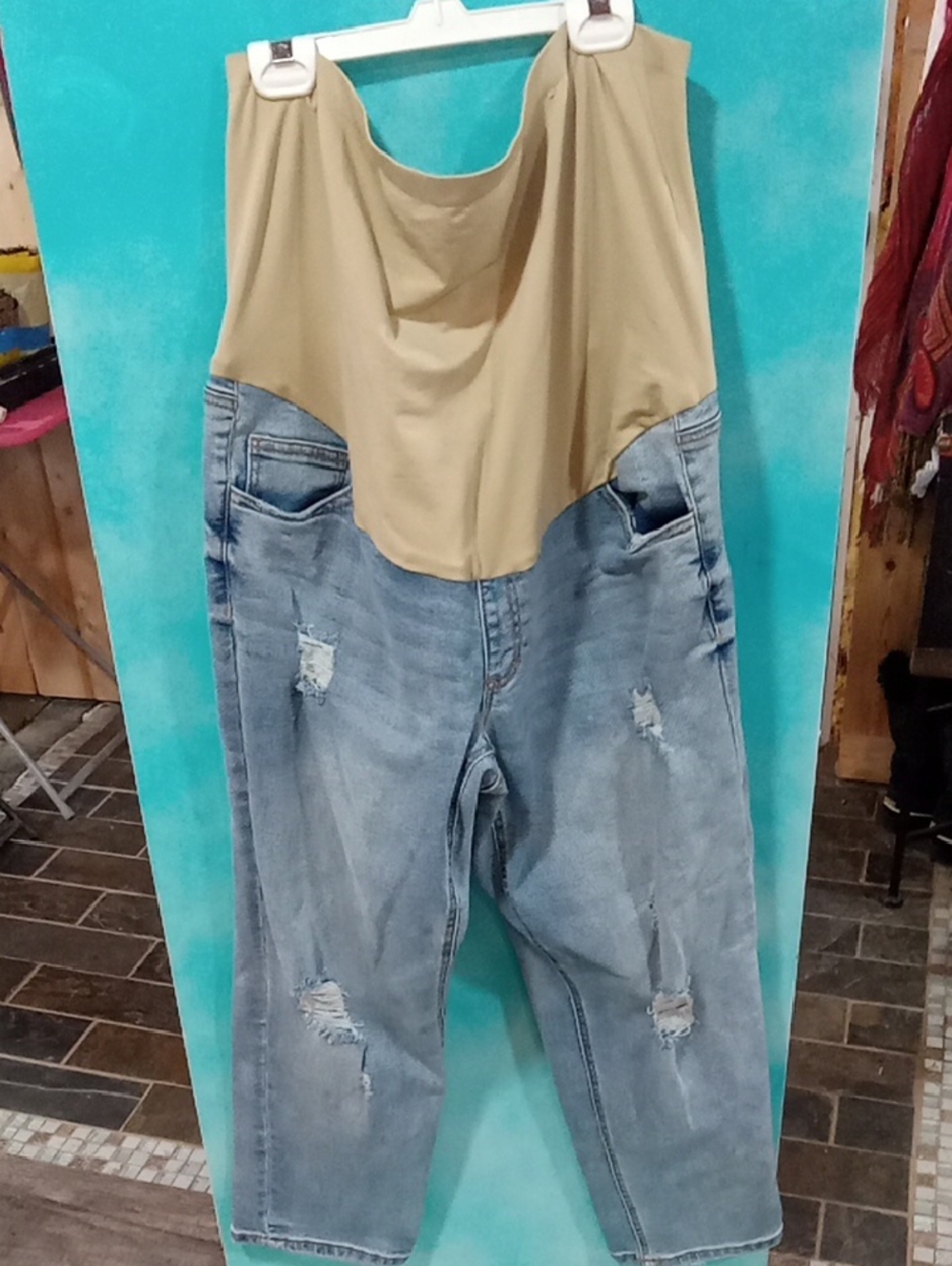 (62) Beige & Light Wash Denim  Maternity Jeans - Casual Distressted Jeans